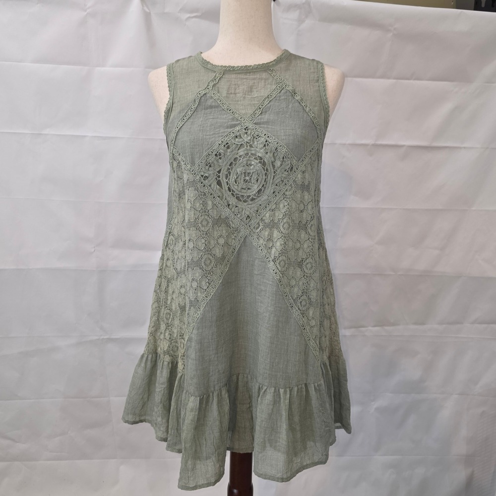 Altar'd State Sage Green Lace Boho Mini Dress Sleeveless Ruffle Hem XS